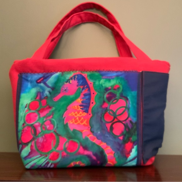 Handcrafted Lined Tote Bag w/ Seahorse Vibrant Design - Picture 1 of 7